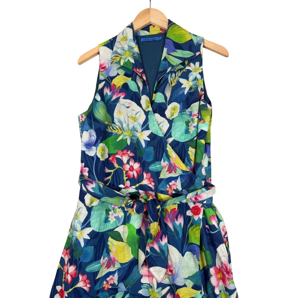 J.McLaughlin Mirimar Maxi Dress M Blue Floral Linen Blend Sleeveless Faux Wrap - Picture 2 of 11
